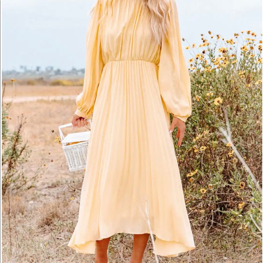 Buttercream yellow long sleeve pleated dress